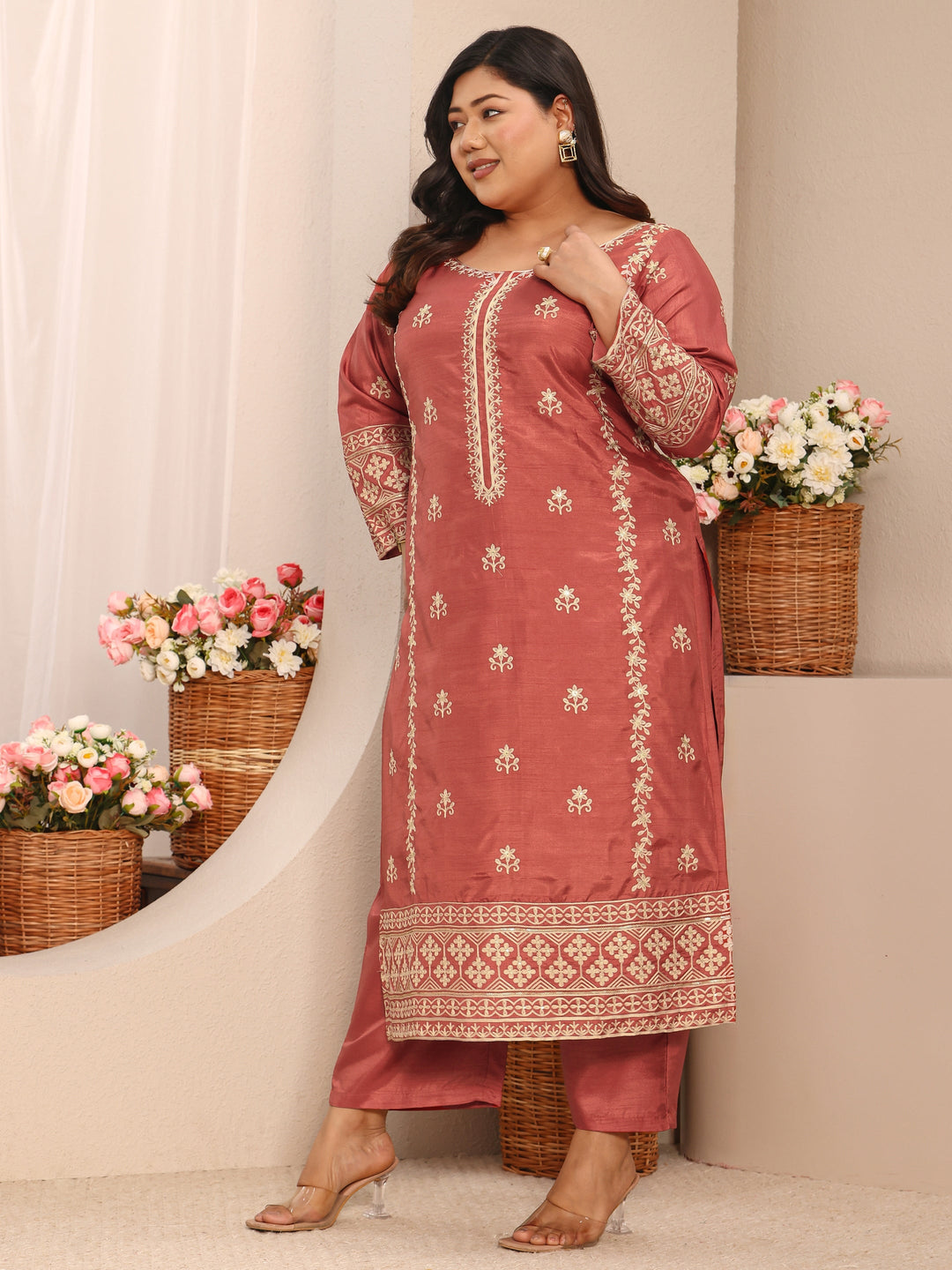  Plus Size Coral Embroidered Silk Blend Straight Suit Set With Dupatta 