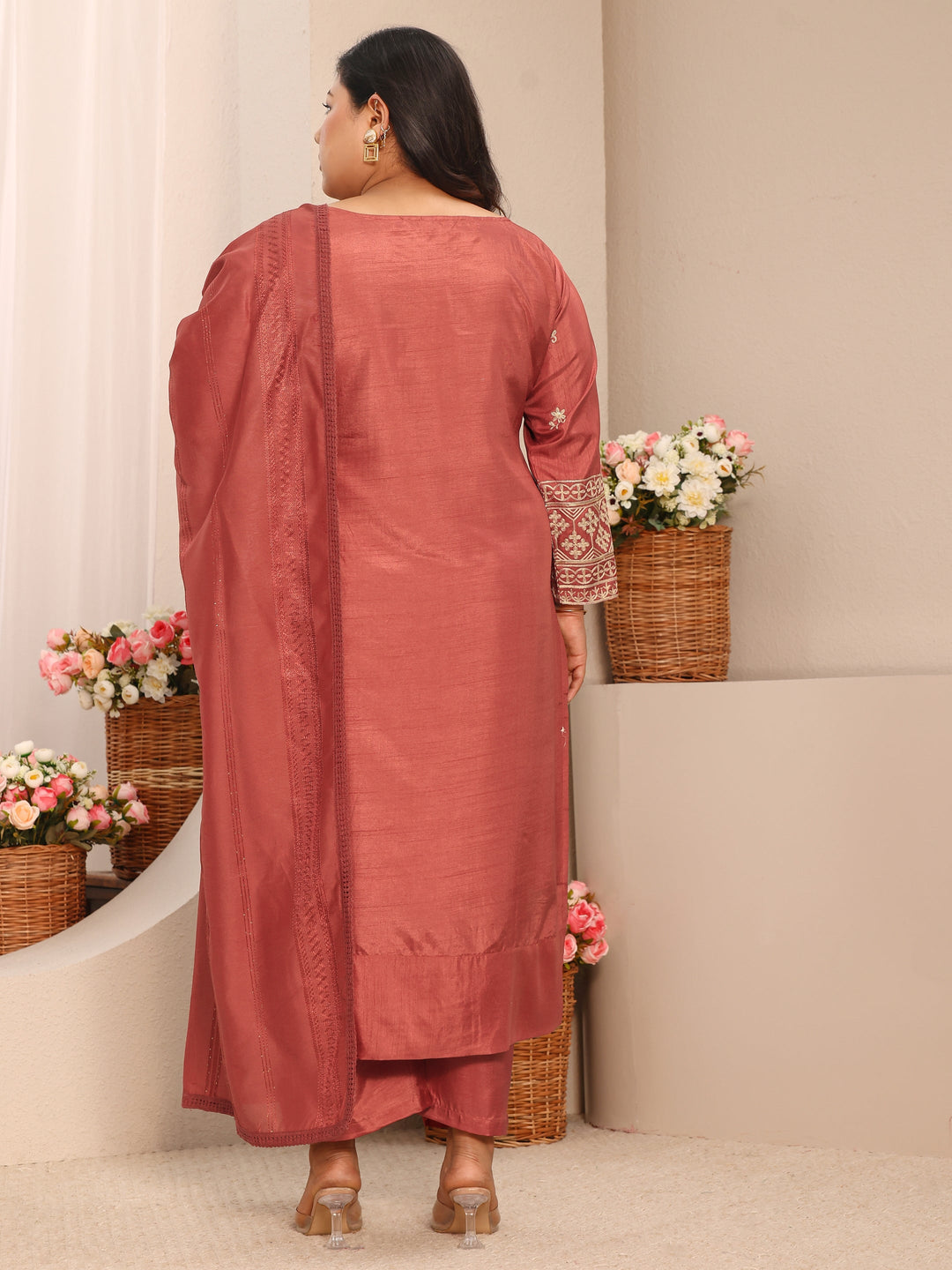  Plus Size Coral Embroidered Silk Blend Straight Suit Set With Dupatta 