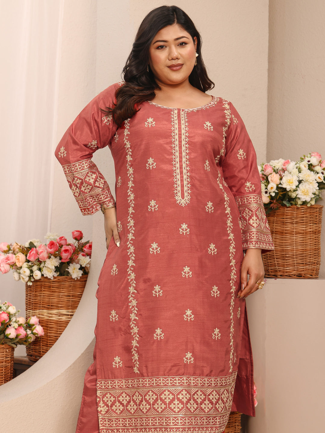  Plus Size Coral Embroidered Silk Blend Straight Suit Set With Dupatta 