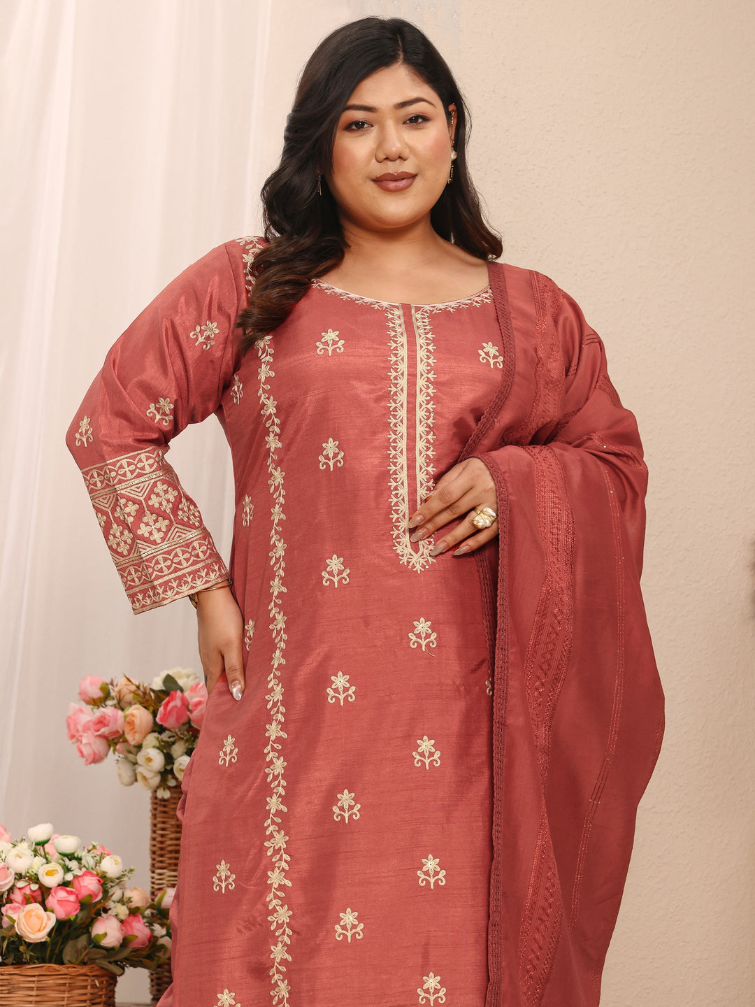  Plus Size Coral Embroidered Silk Blend Straight Suit Set With Dupatta 