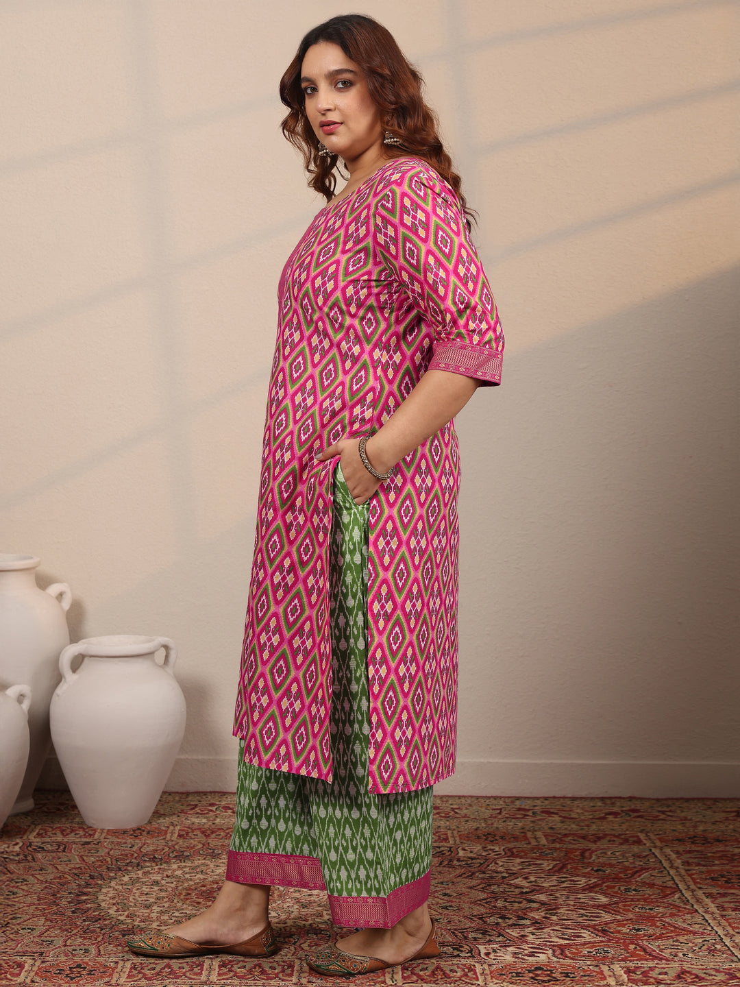  Plus Size Pink Printed Cotton Straight Suit Set With Dupatta 