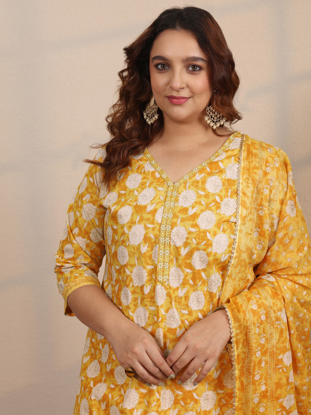  Plus Size Yellow Printed Cotton Straight Suit Set With Dupatta 