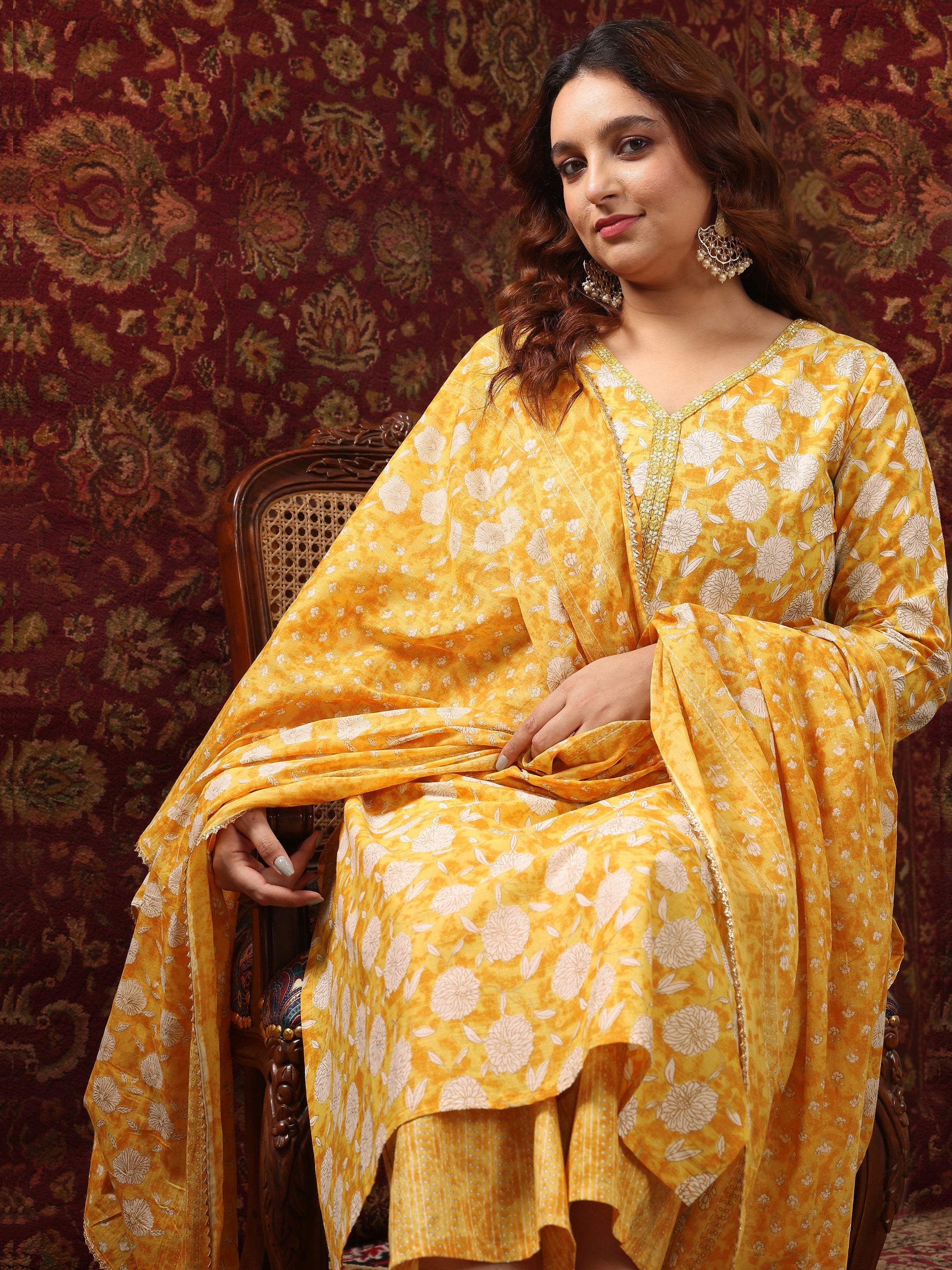 libas Plus Size Yellow Printed Cotton Straight Suit Set With Dupatta-picture-16
