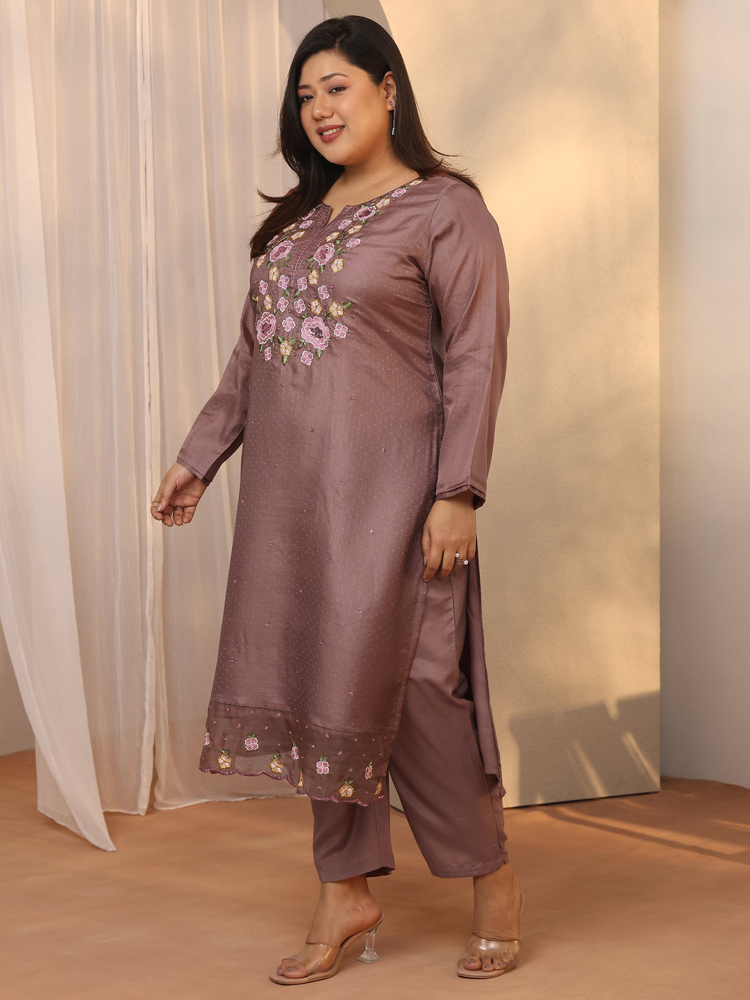  Plus Size Mauve Embroidered Silk blend Straight Suit Set With Dupatta 