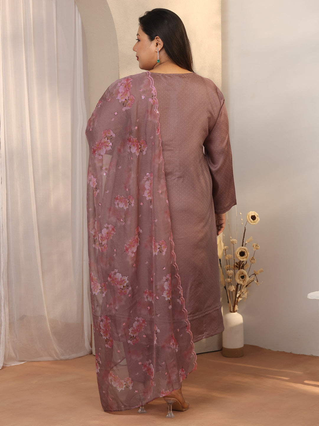  Plus Size Mauve Embroidered Silk blend Straight Suit Set With Dupatta 
