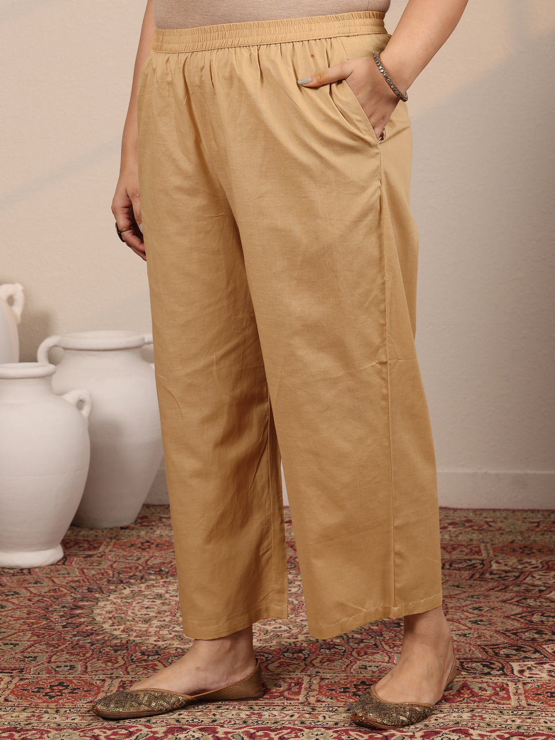  Plus Size Tan Printed Silk Blend Straight Suit Set With Dupatta 
