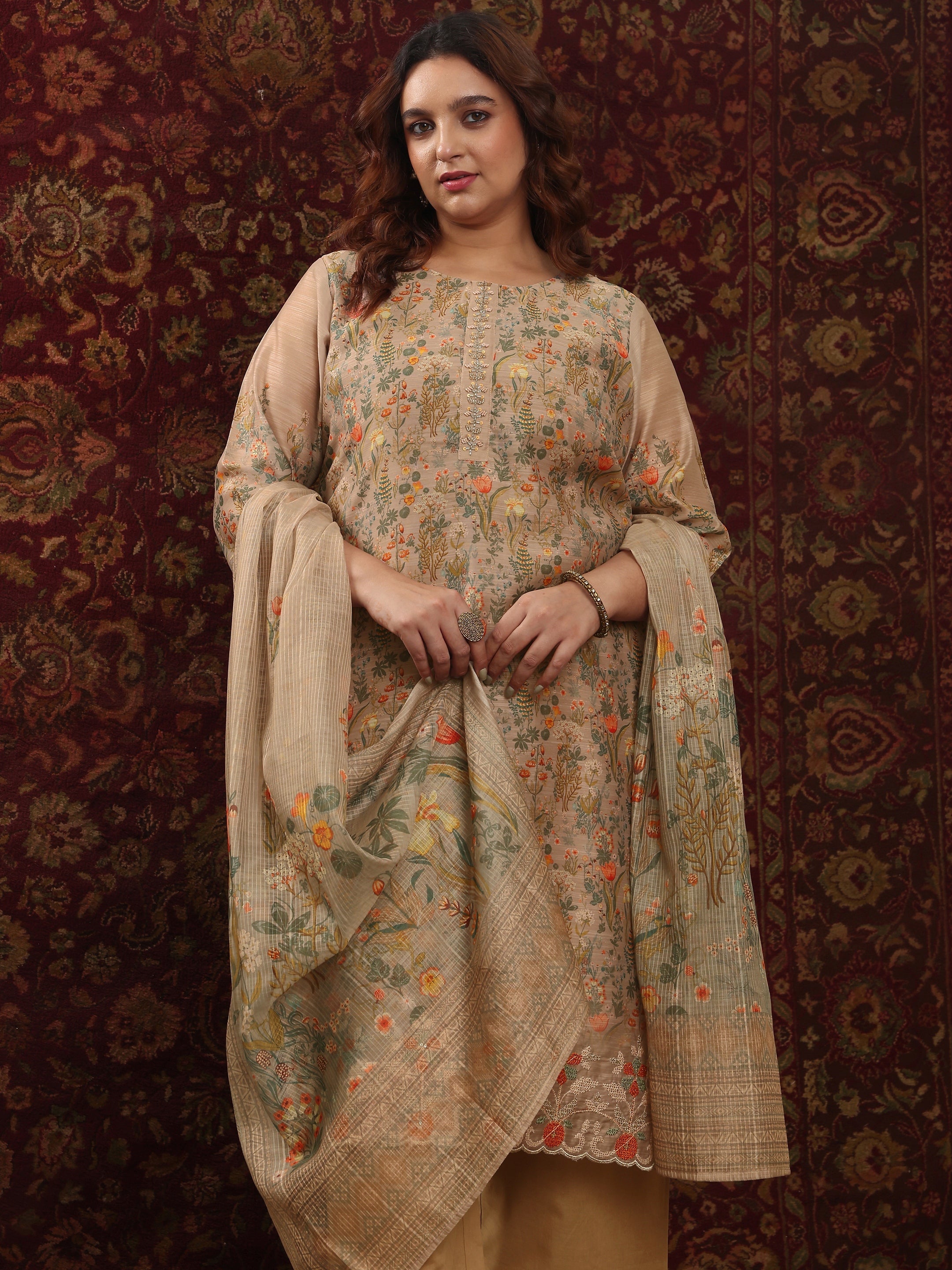 libas Plus Size Tan Printed Silk Blend Straight Suit Set With Dupatta-picture-67
