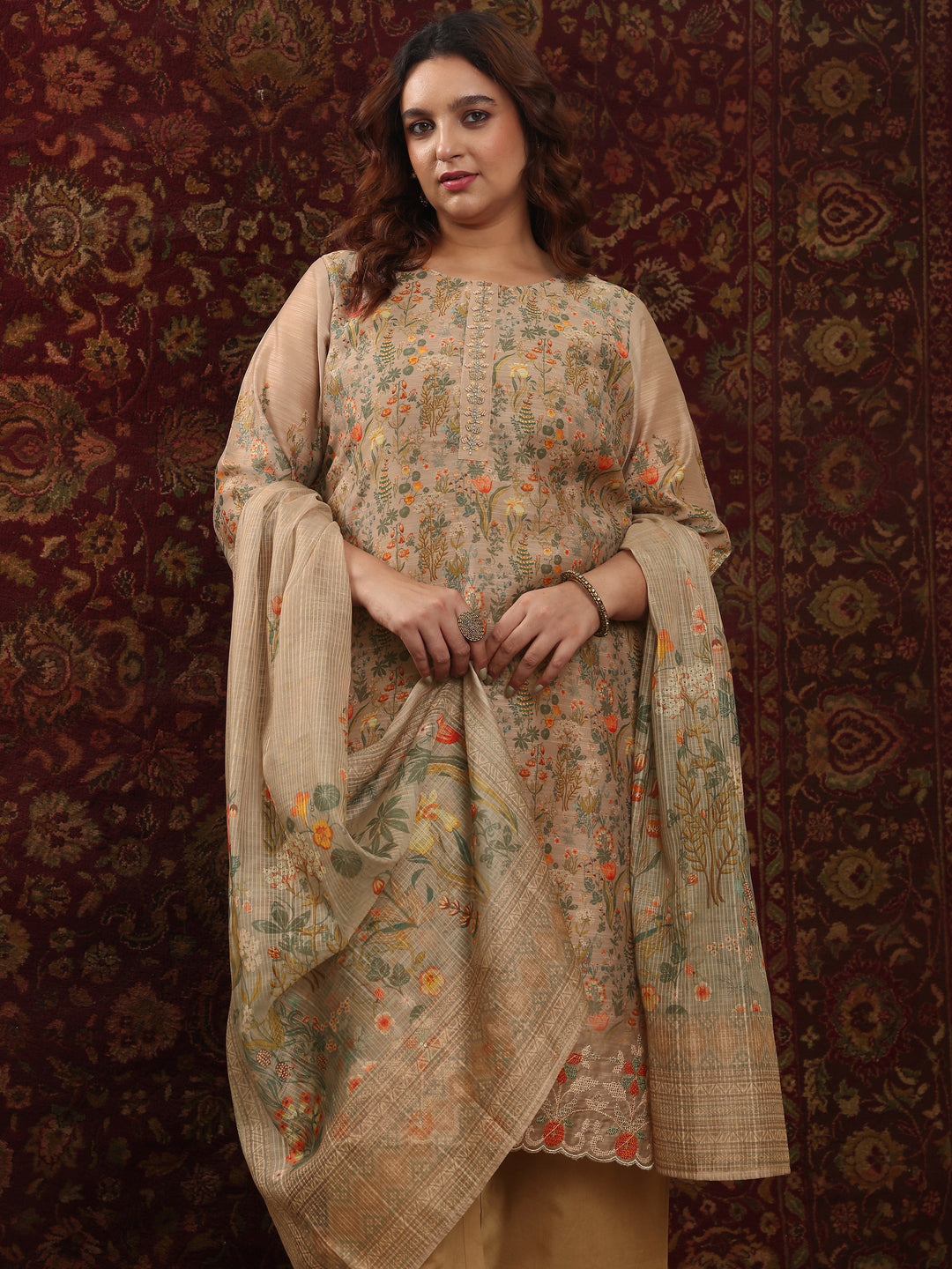  Plus Size Tan Printed Silk Blend Straight Suit Set With Dupatta 