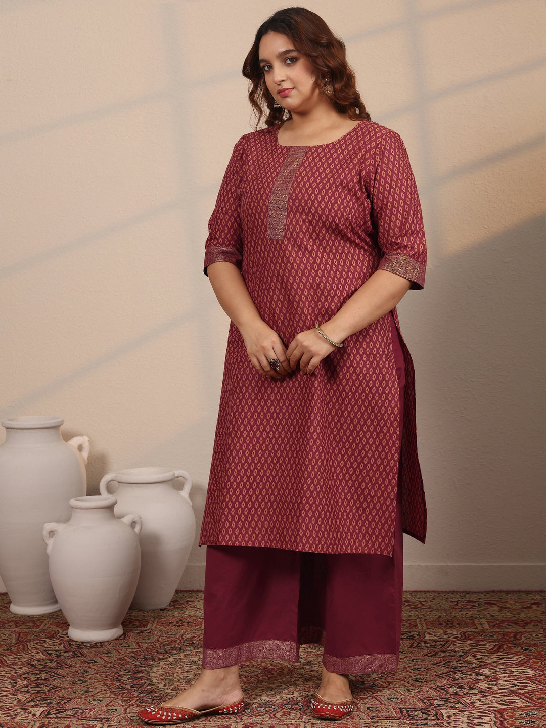  Plus Size Maroon Printed Cotton Straight Suit Set With Dupatta 