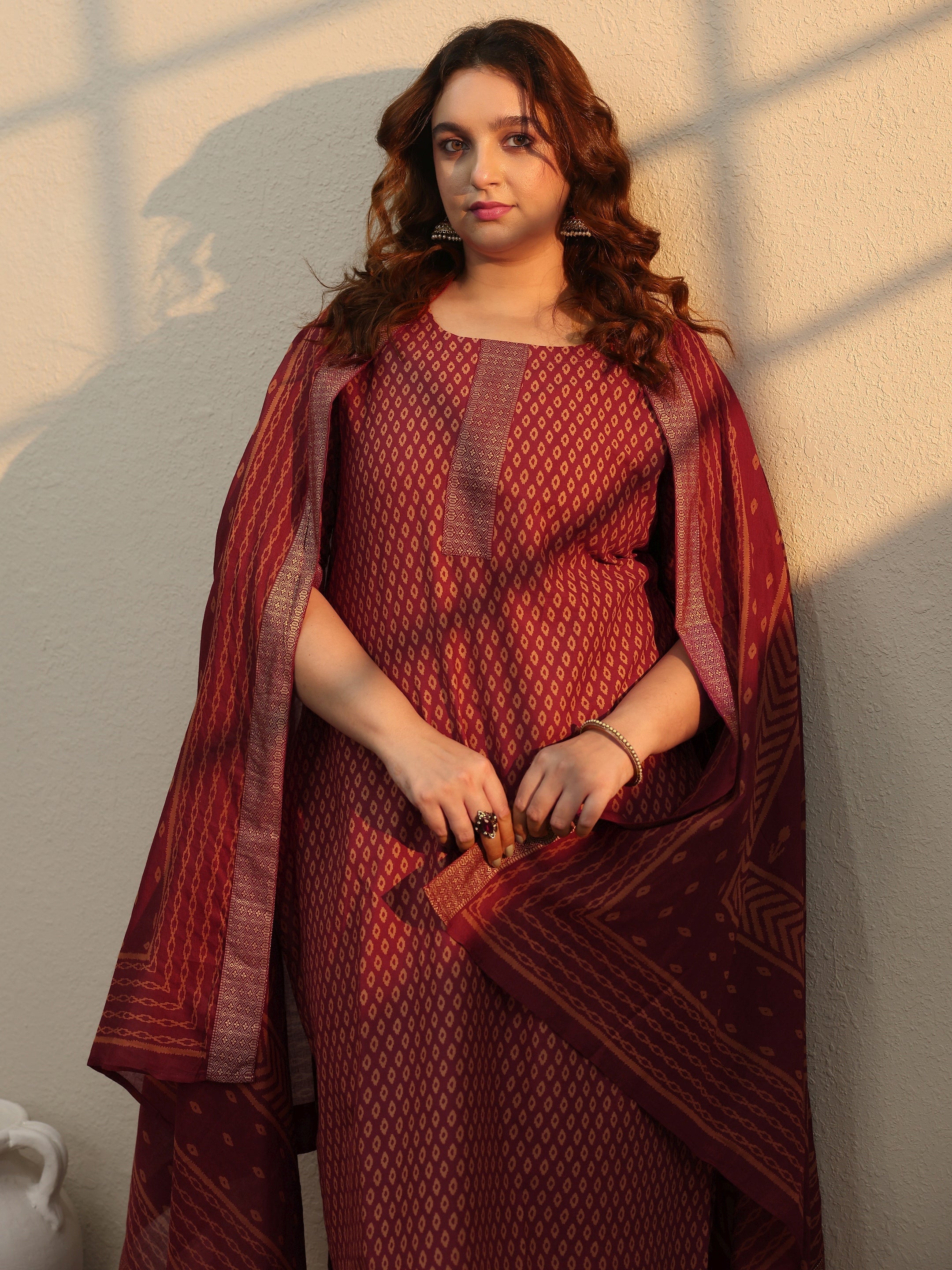 libas Plus Size Maroon Printed Cotton Straight Suit Set With Dupatta-picture-56