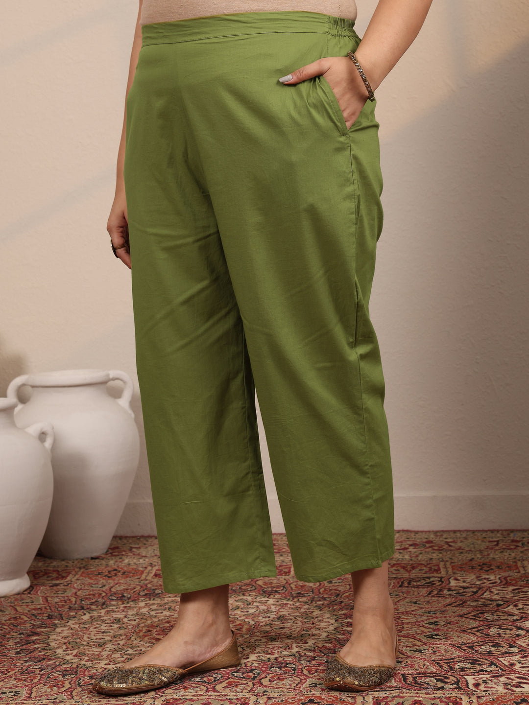  Plus Size Green Printed Cotton Straight Suit Set With Dupatta 