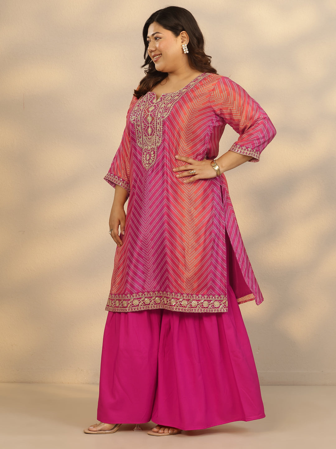  Plus Size Pink Printed Chinon Straight Suit Set With Dupatta 
