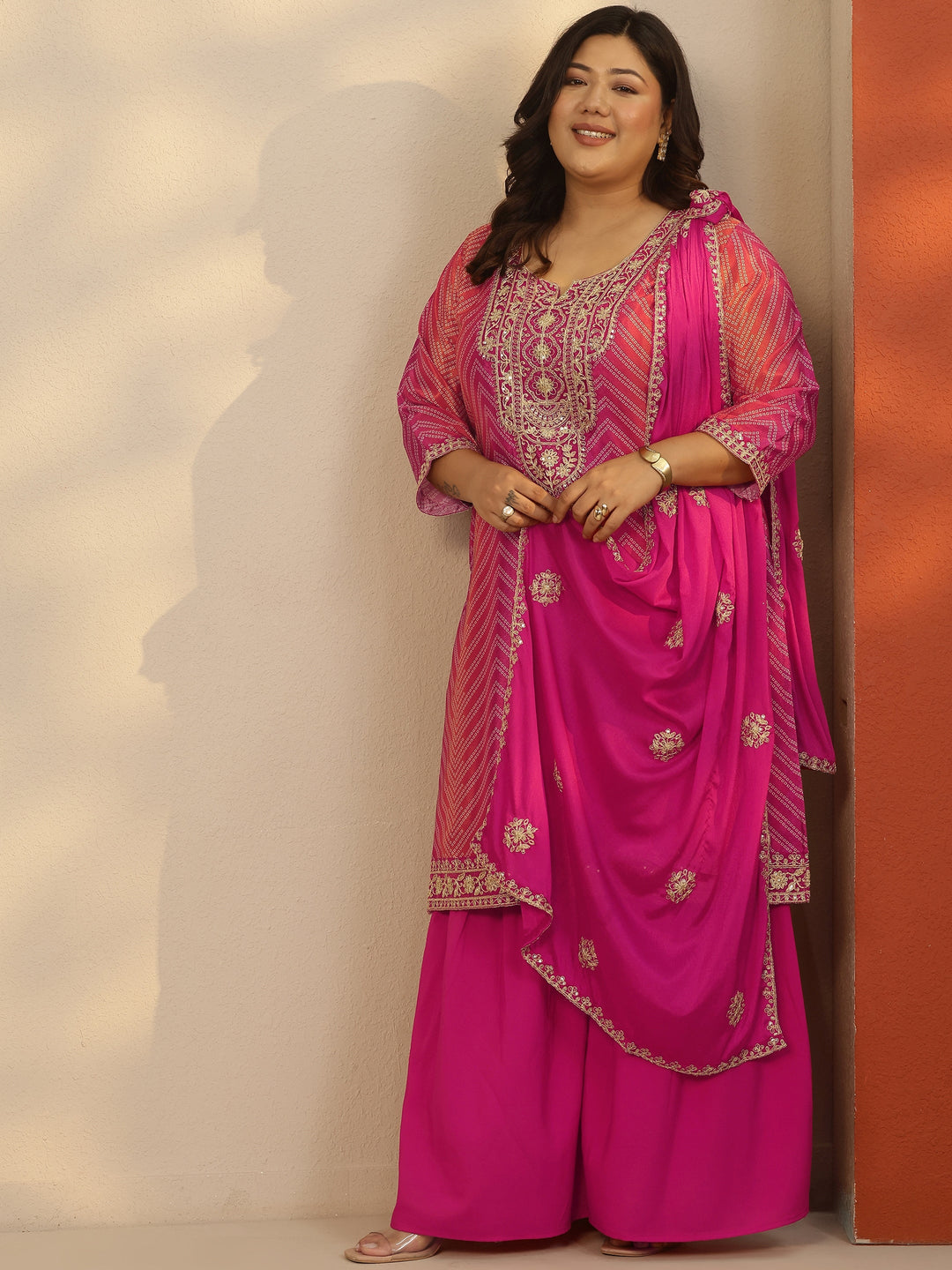  Plus Size Pink Printed Chinon Straight Suit Set With Dupatta 