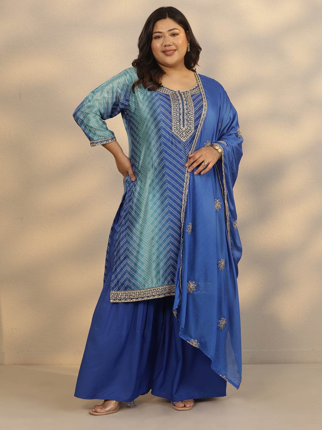  Plus Size Blue Printed Chinon Straight Suit Set With Dupatta 