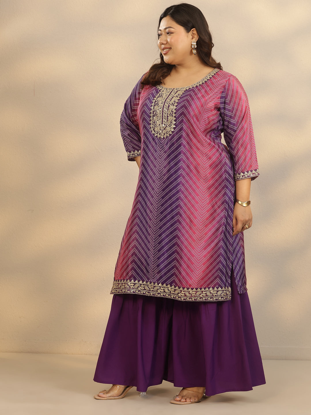  Plus Size Purple Printed Chinon Straight Suit Set With Dupatta 