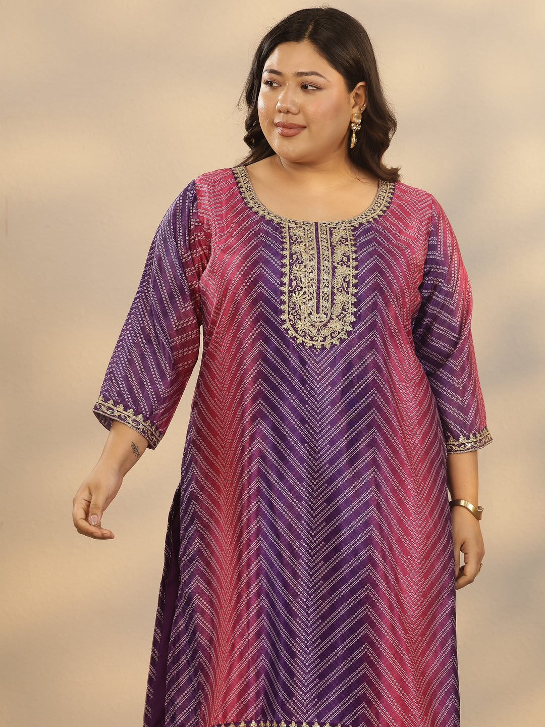  Plus Size Purple Printed Chinon Straight Suit Set With Dupatta 