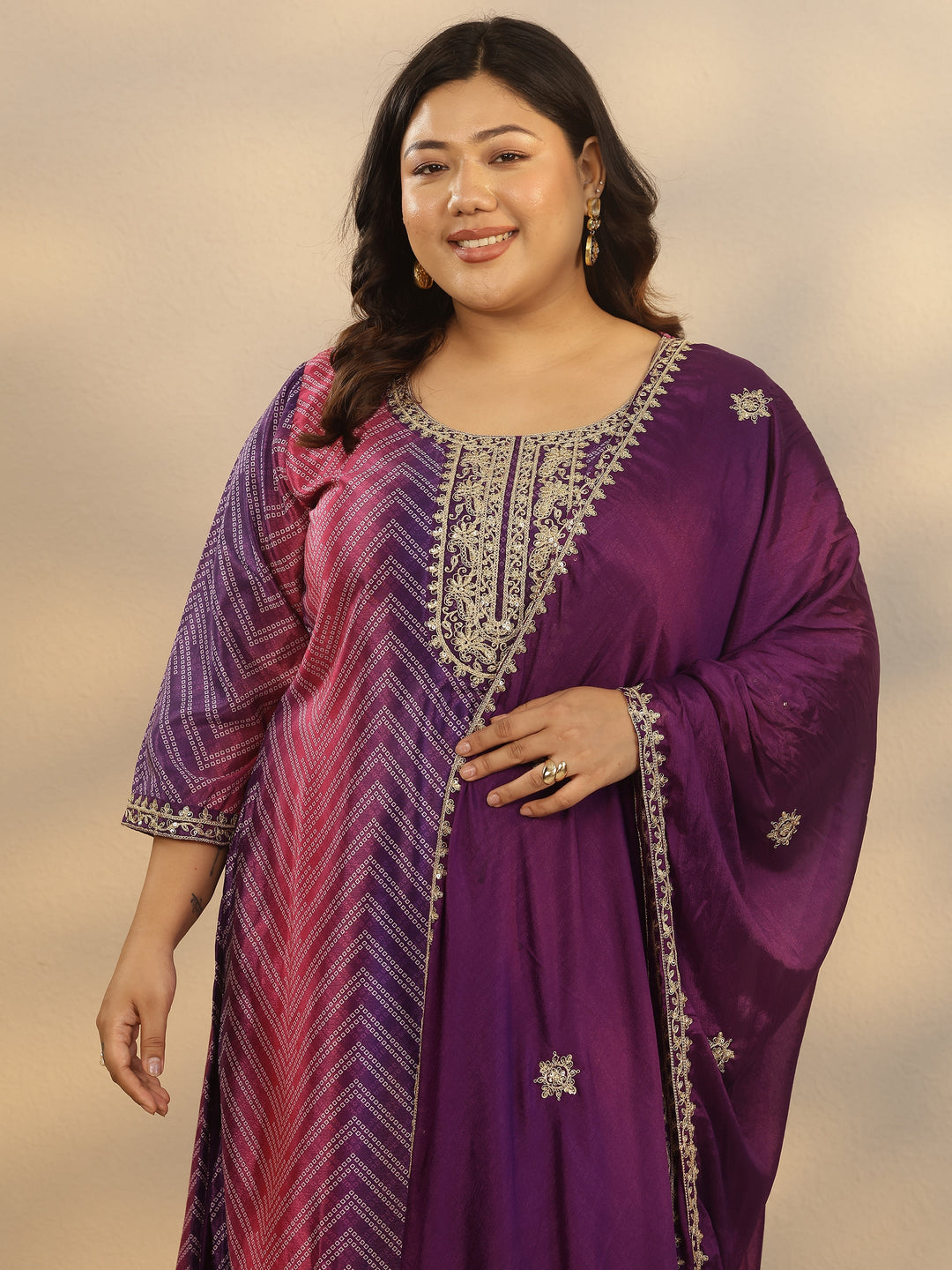  Plus Size Purple Printed Chinon Straight Suit Set With Dupatta 