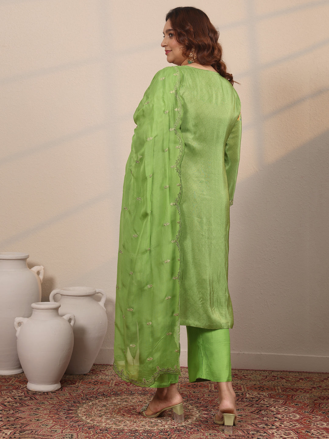  Plus Size Green Embroidered Crepe Straight Suit Set With Dupatta 