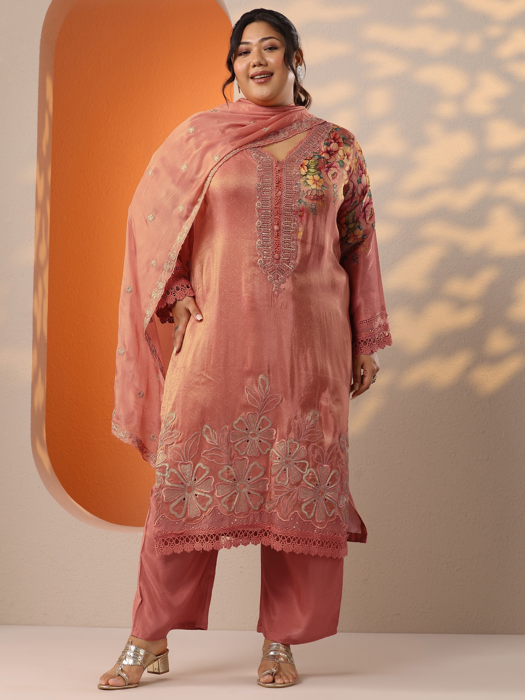 libas Plus Size Peach Printed Crepe Straight Suit Set With Dupatta-picture-12