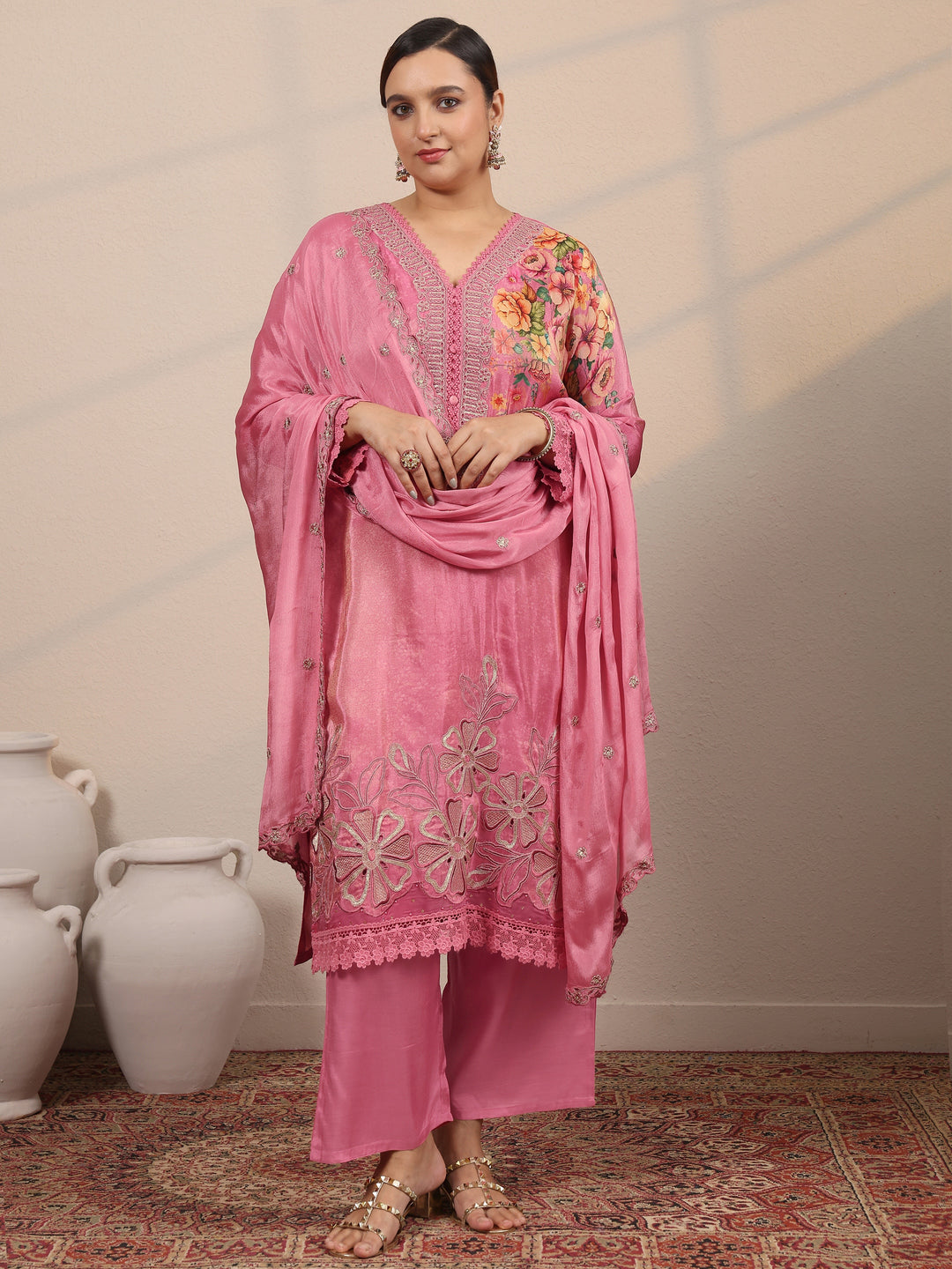  Plus Size Pink Embroidered Crepe Straight Suit Set With Dupatta 