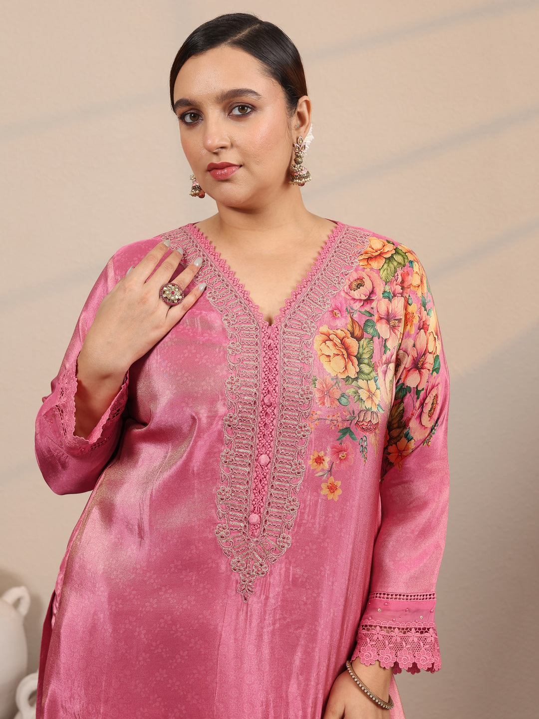  Plus Size Pink Embroidered Crepe Straight Suit Set With Dupatta 