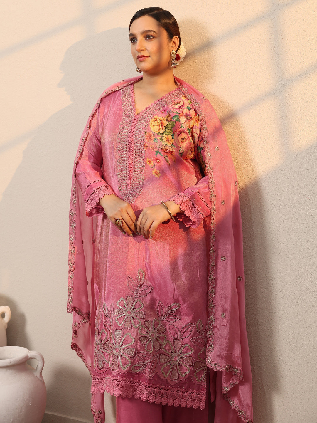 Plus Size Pink Embroidered Crepe Straight Suit Set With Dupatta 