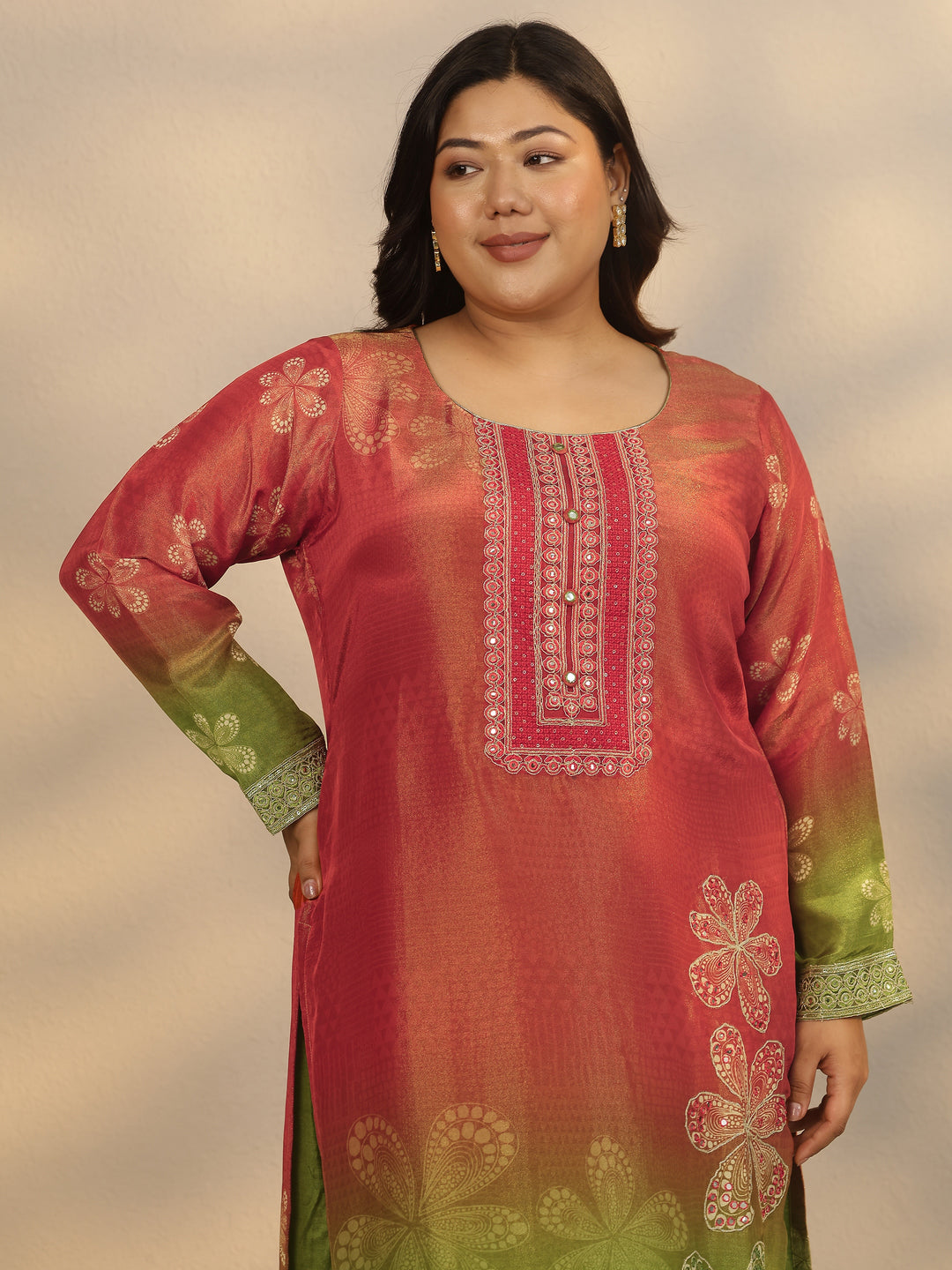  Plus Size Red Printed Crepe Straight Suit Set With Dupatta 