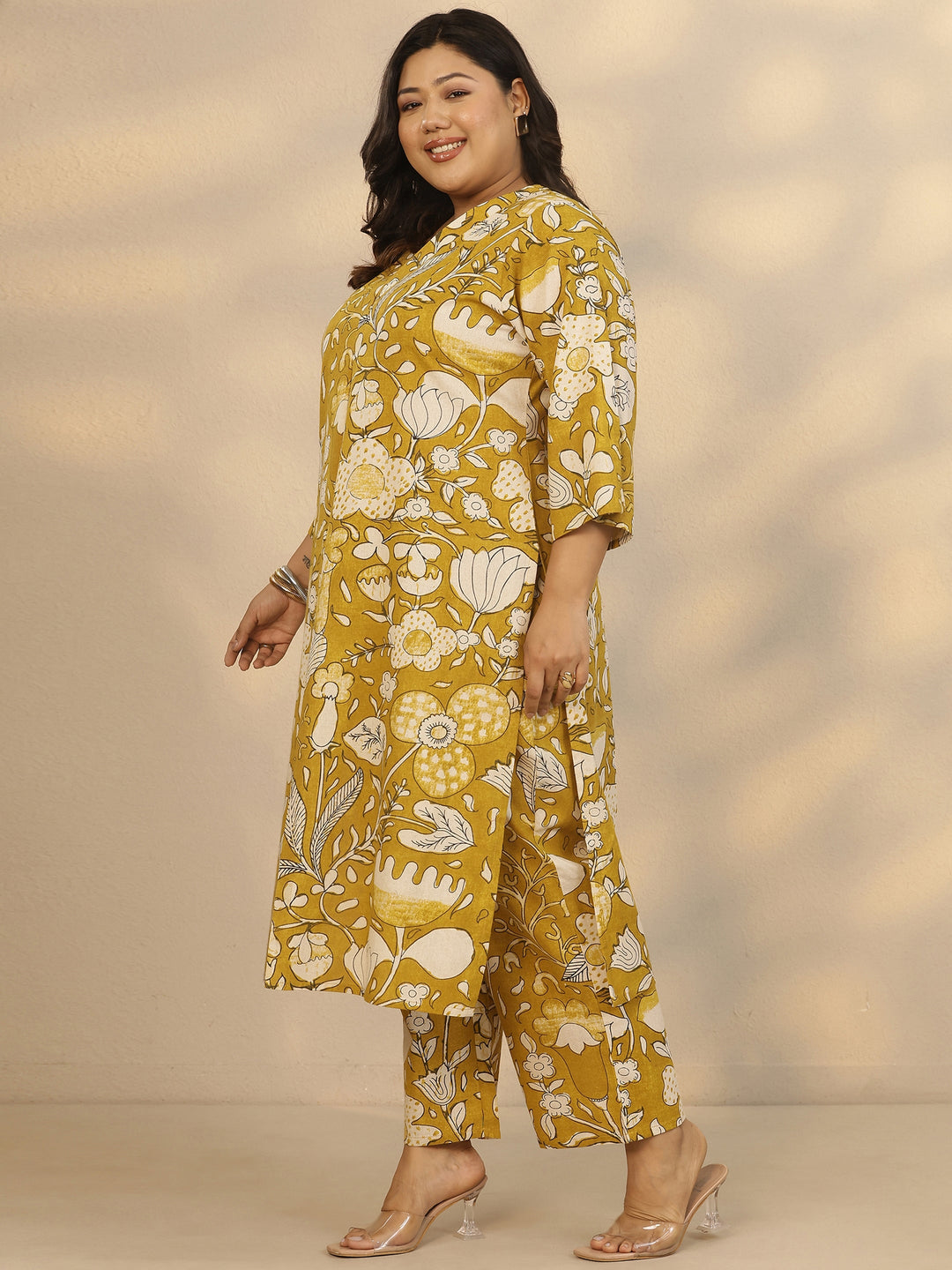  Plus Size Mustard Printed Cotton Co-Ord Sets 