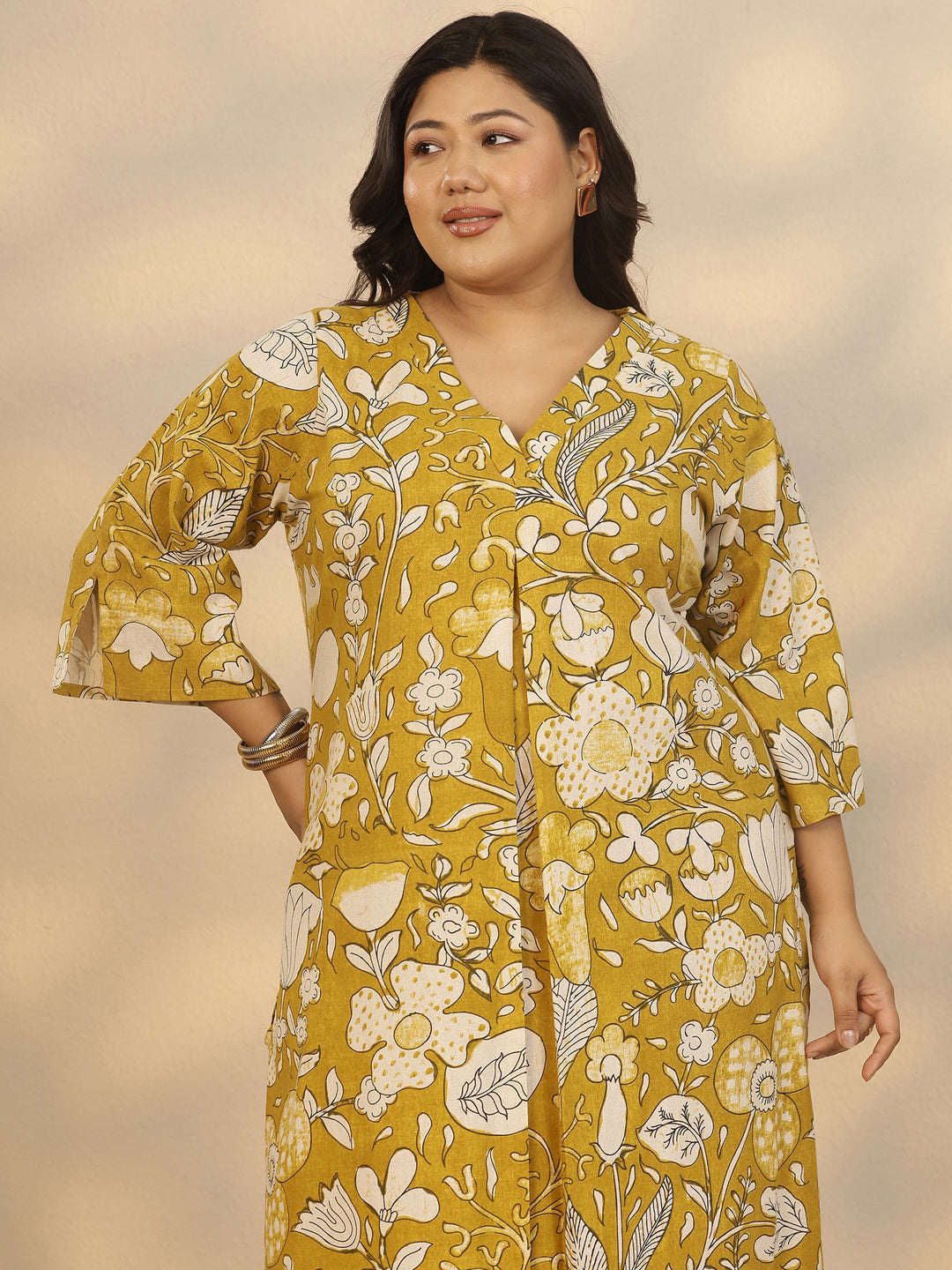  Plus Size Mustard Printed Cotton Co-Ord Sets 