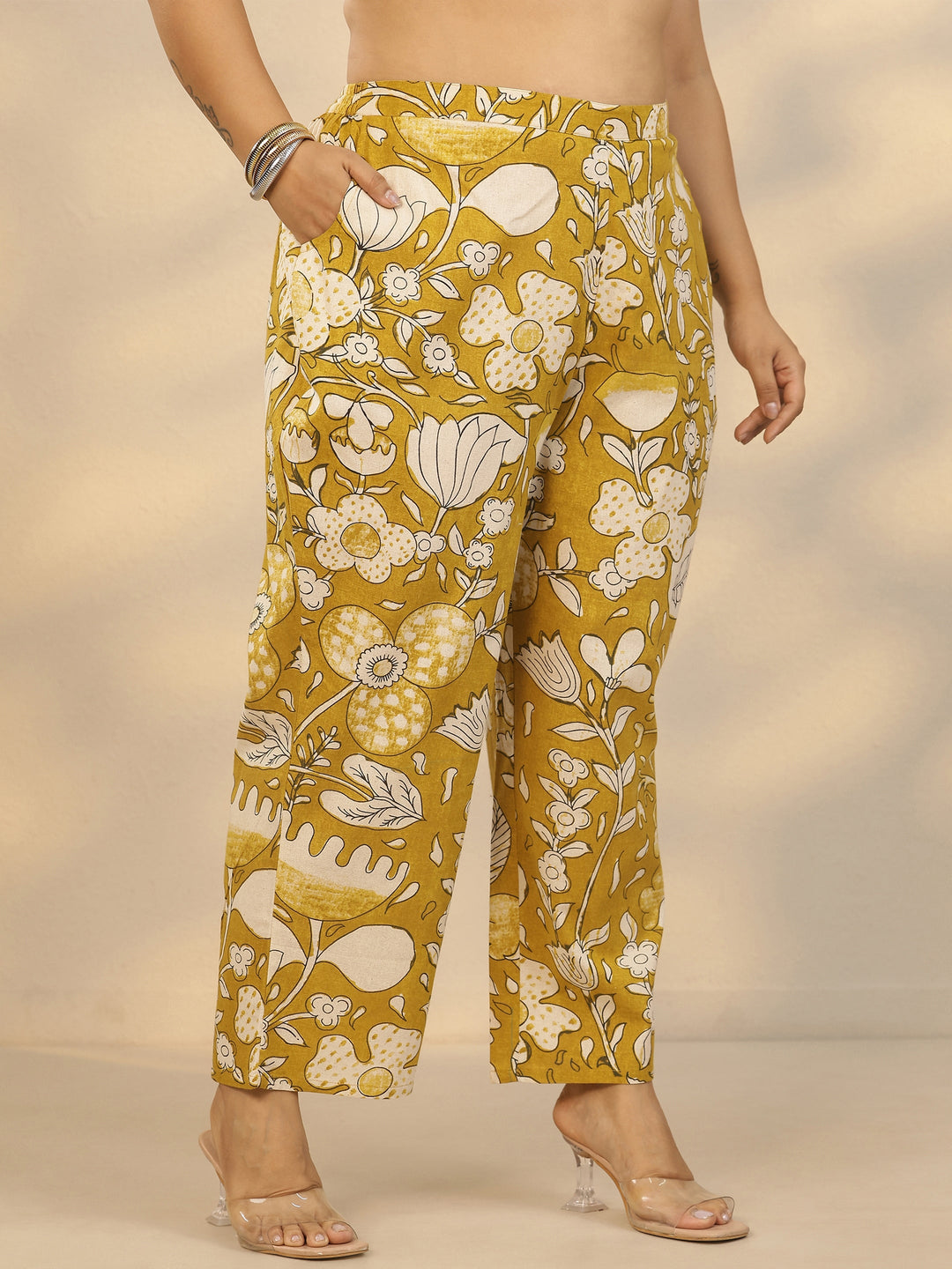  Plus Size Mustard Printed Cotton Co-Ord Sets 