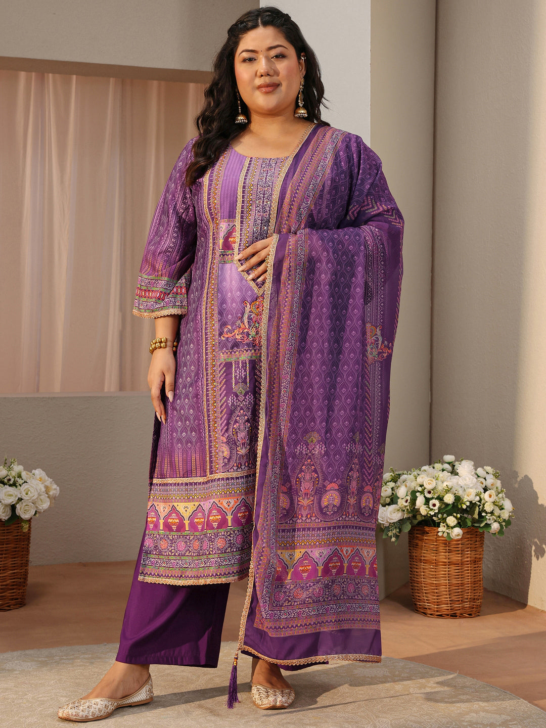  Plus Size Purple Ethnic Print Silk Blend Straight Suit Set 