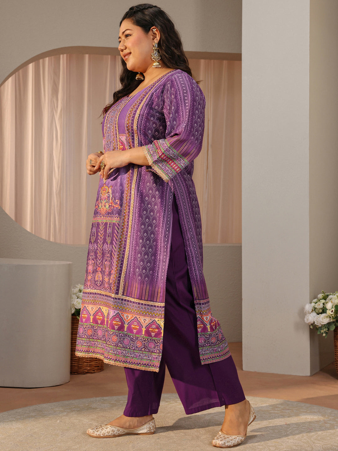  Plus Size Purple Ethnic Print Silk Blend Straight Suit Set 