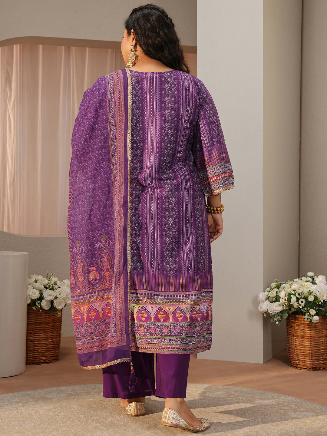  Plus Size Purple Ethnic Print Silk Blend Straight Suit Set 