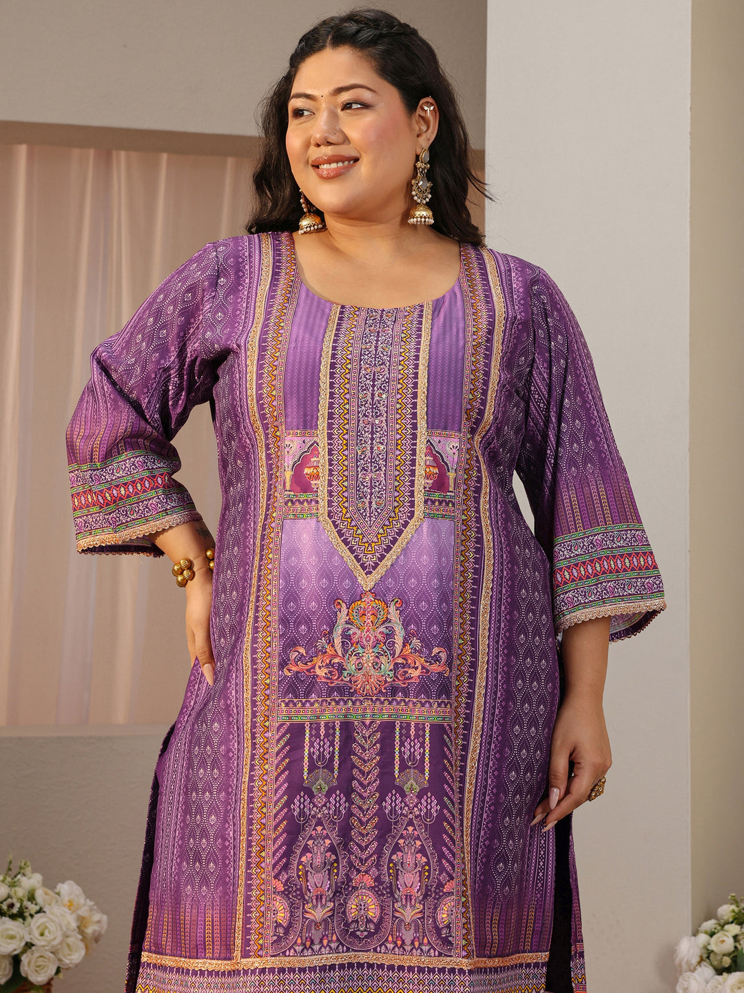  Plus Size Purple Ethnic Print Silk Blend Straight Suit Set 