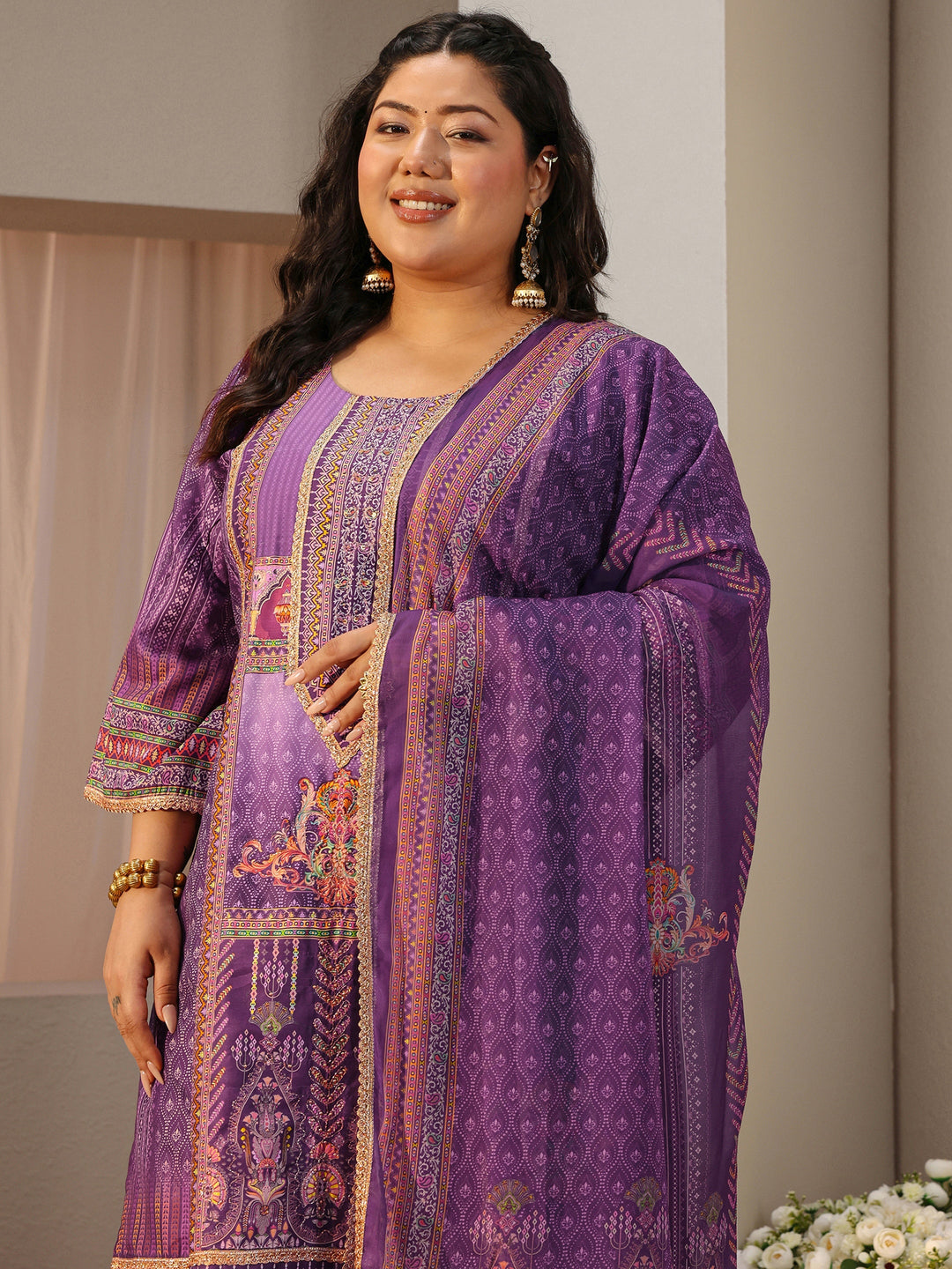  Plus Size Purple Ethnic Print Silk Blend Straight Suit Set 