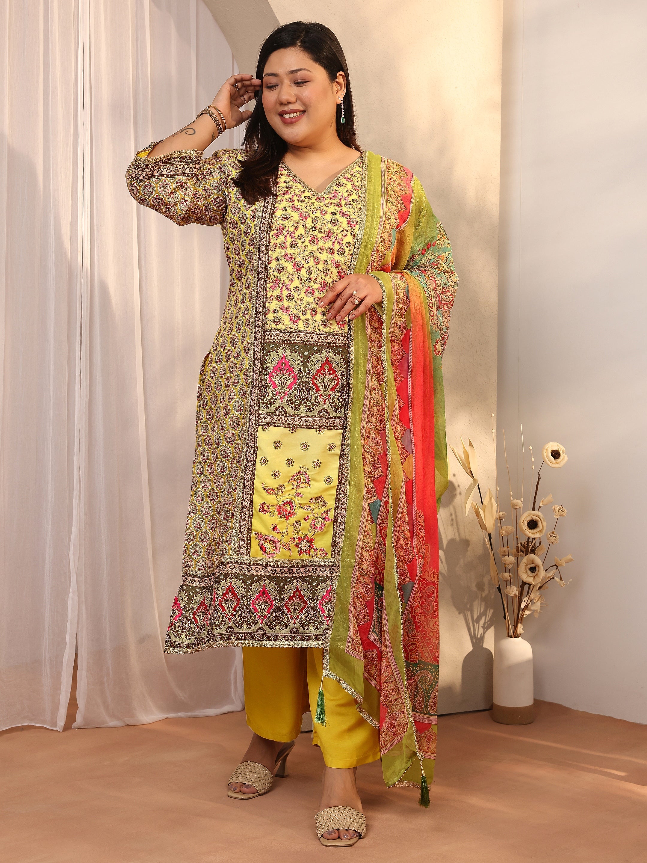 libas Plus Size Yellow Printed Silk blend Straight Suit Set With Dupatta-picture-15