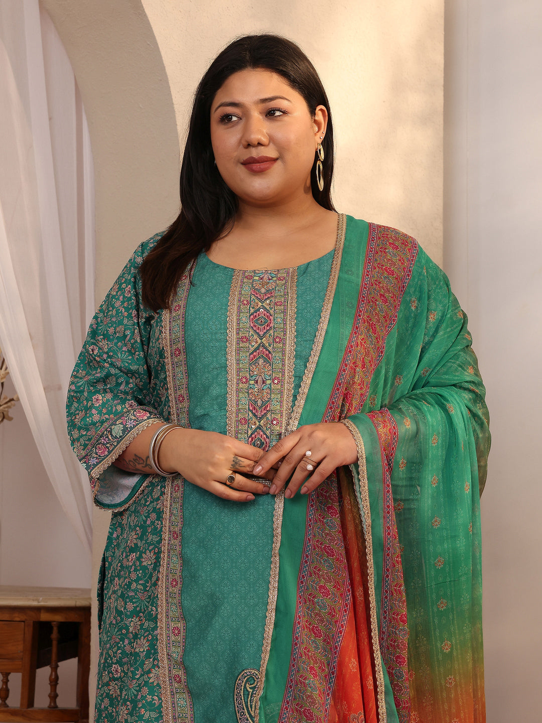  Plus Size Teal Printed Silk blend Straight Suit Set With Dupatta 