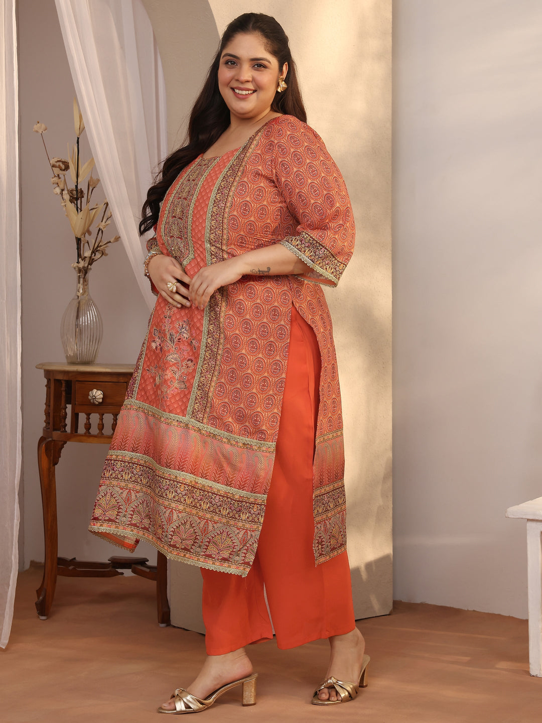  Plus Size Orange Printed Silk blend Straight Suit Set With Dupatta 
