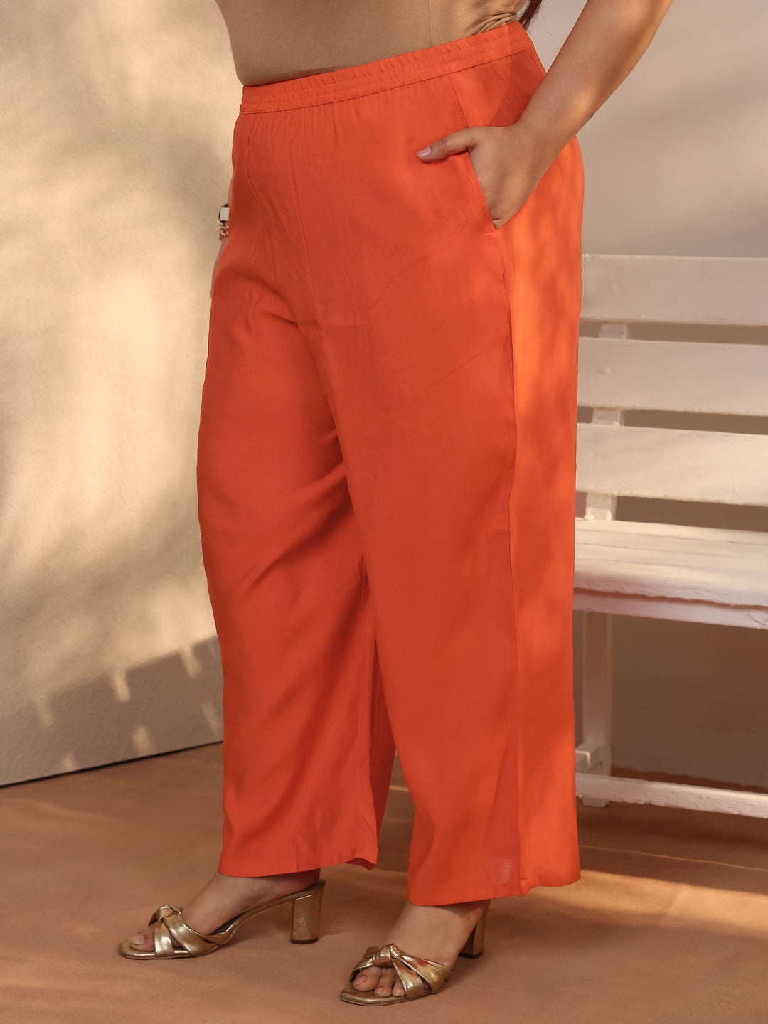  Plus Size Orange Printed Silk blend Straight Suit Set With Dupatta 