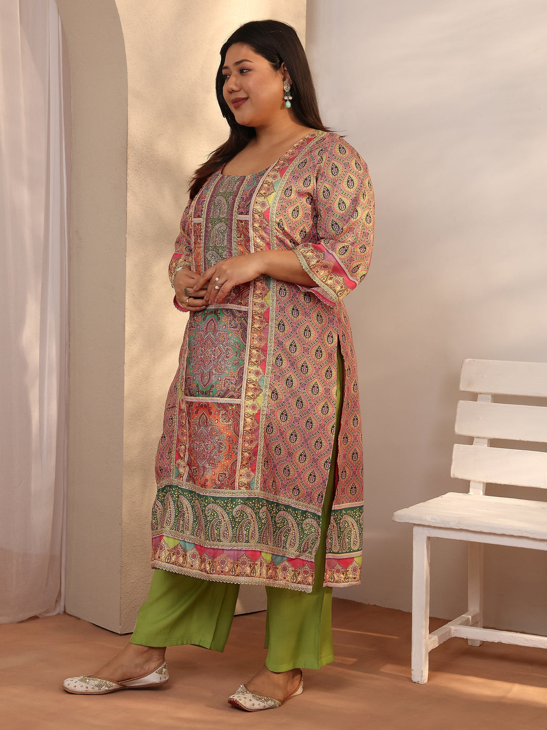  Plus Size Multi Printed Silk blend Straight Suit Set With Dupatta 