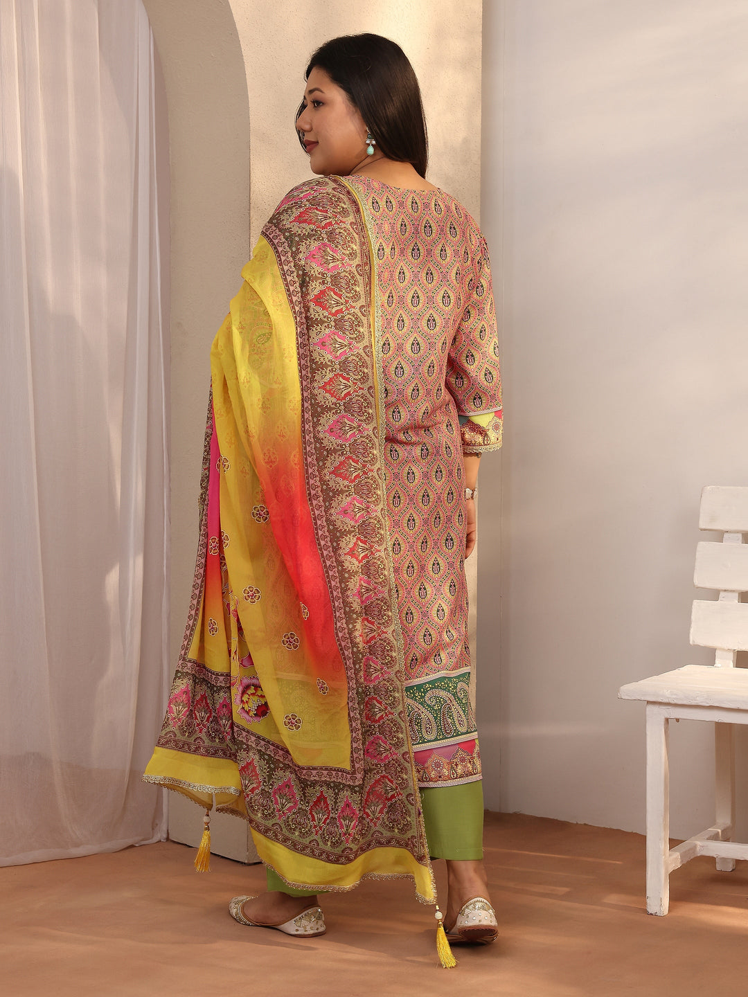  Plus Size Multi Printed Silk blend Straight Suit Set With Dupatta 