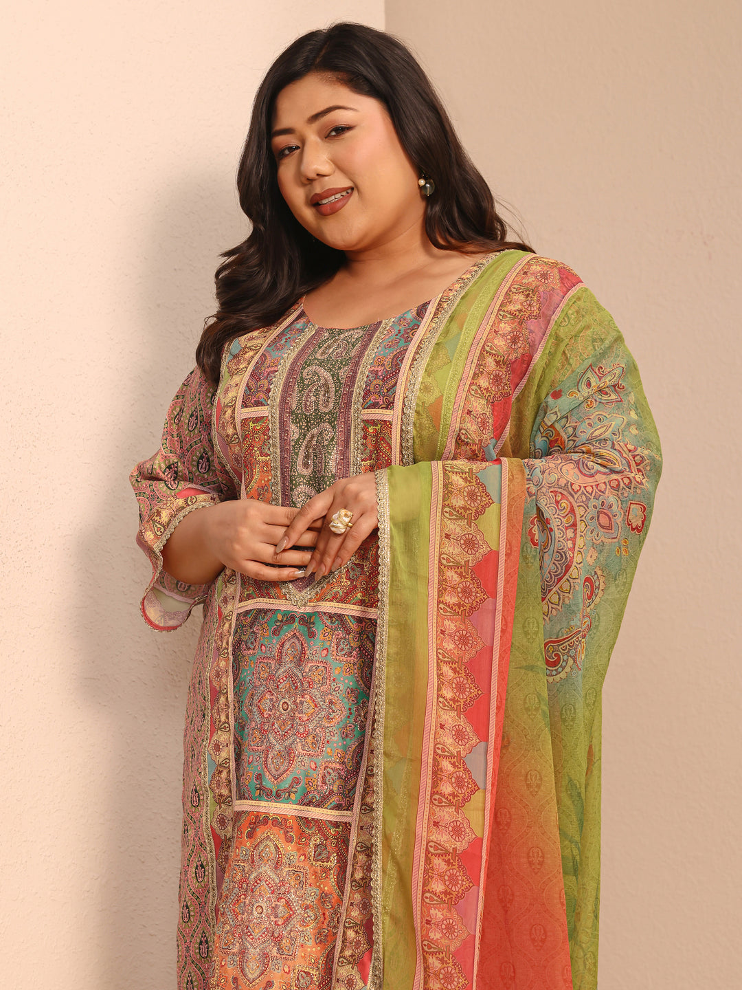  Plus Size Multi Printed Silk blend Straight Suit Set With Dupatta 