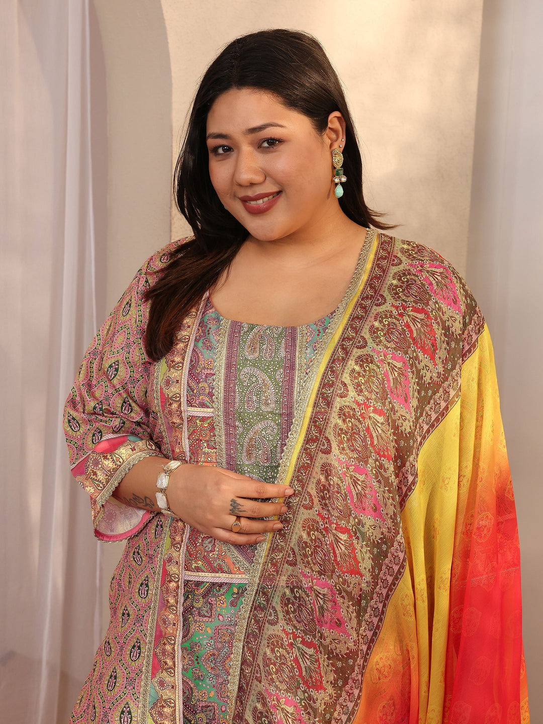  Plus Size Multi Printed Silk blend Straight Suit Set With Dupatta 