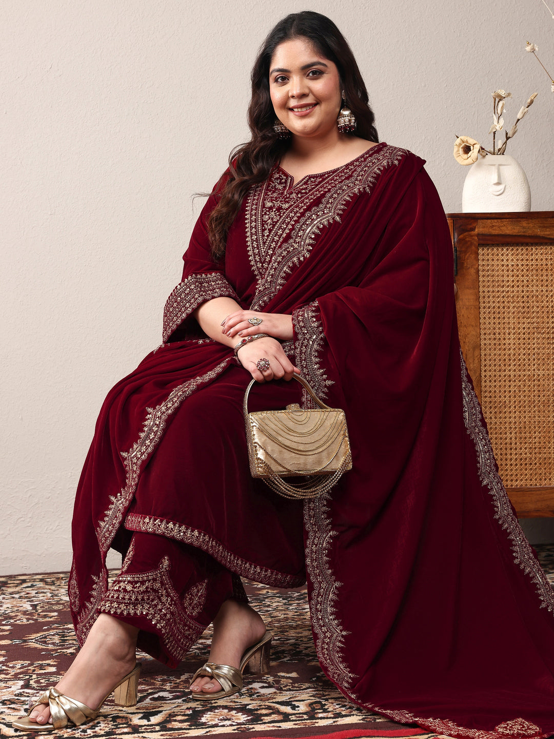 Plus Size Red Embroidered Velvet Straight Suit Set With Dupatta