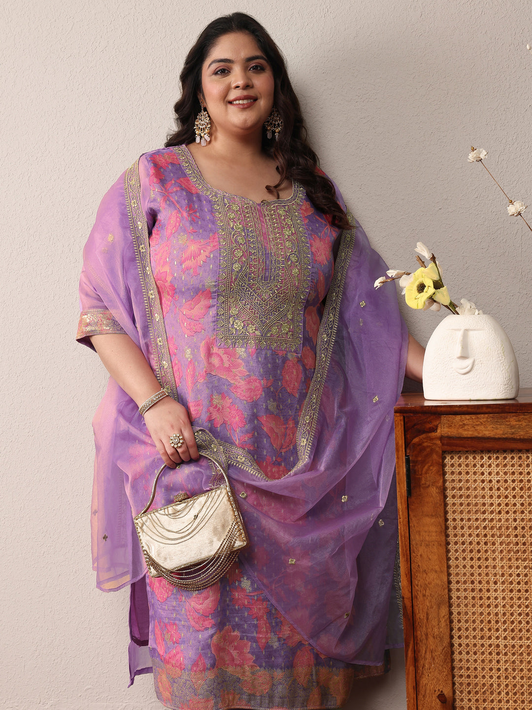 Plus Size Lavender Printed Silk Blend Straight Suit Set With Dupatta