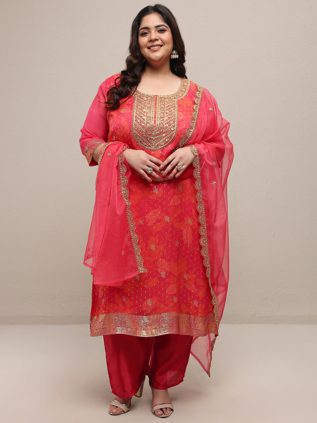  Plus Size Pink Printed Silk Blend Straight Suit Set With Dupatta 
