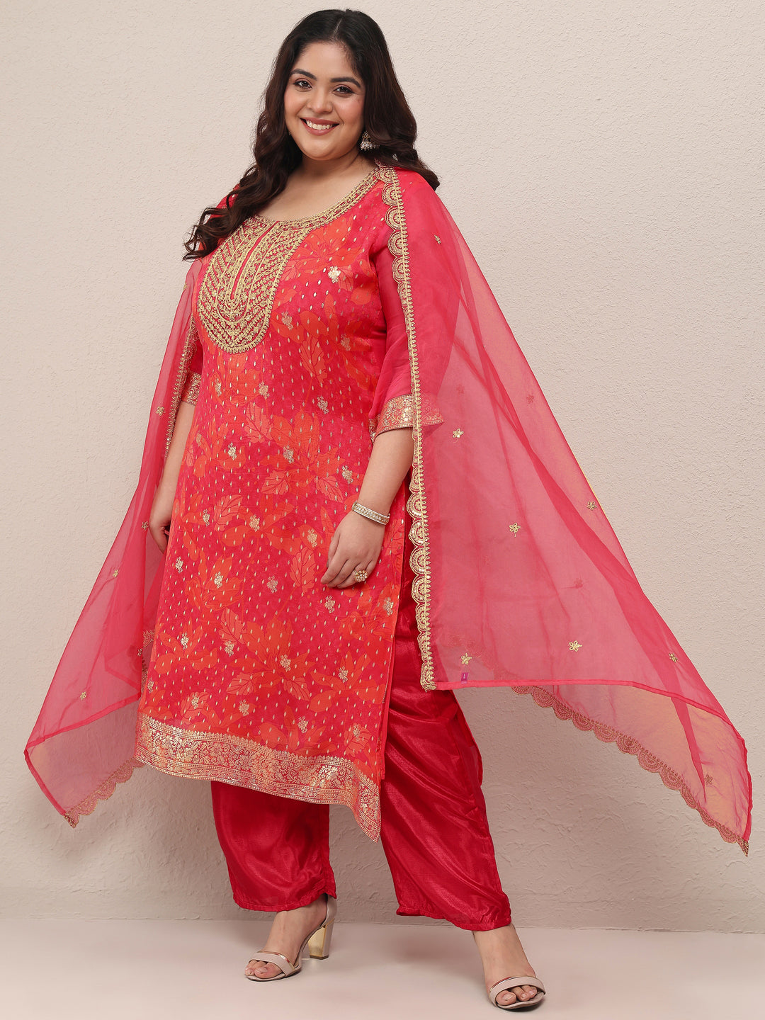 Plus Size Pink Printed Silk Blend Straight Suit Set With Dupatta