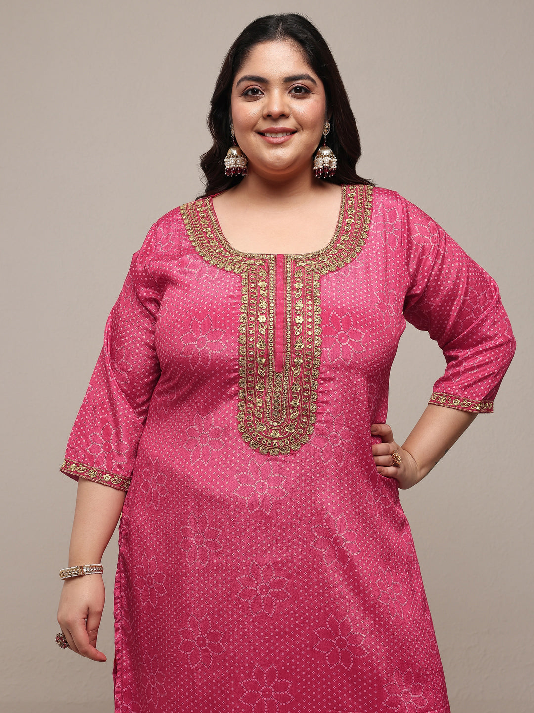  Plus Size Pink Bandhani Embroidered Silk Blend Straight Suit Set With Dupatta 