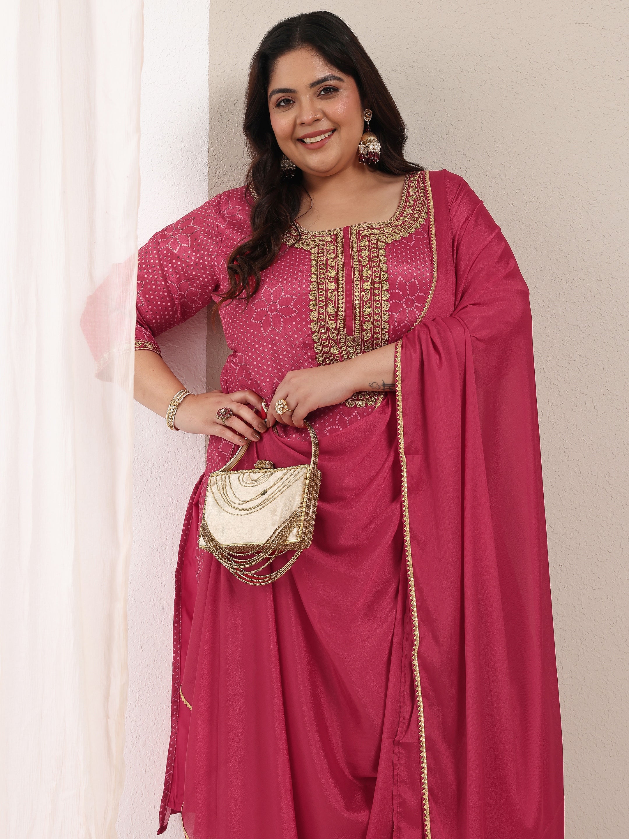 libas Plus Size Pink Bandhani Embroidered Silk Blend Straight Suit Set With Dupatta-picture-16