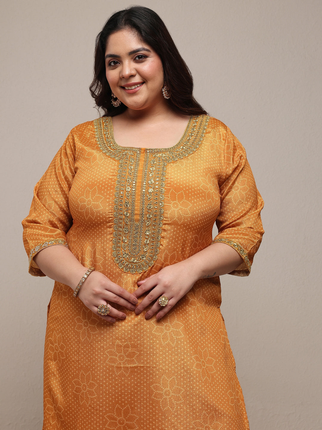  Plus Size Mustard Bandhani Embroidered Silk Blend Straight Suit Set With Dupatta 